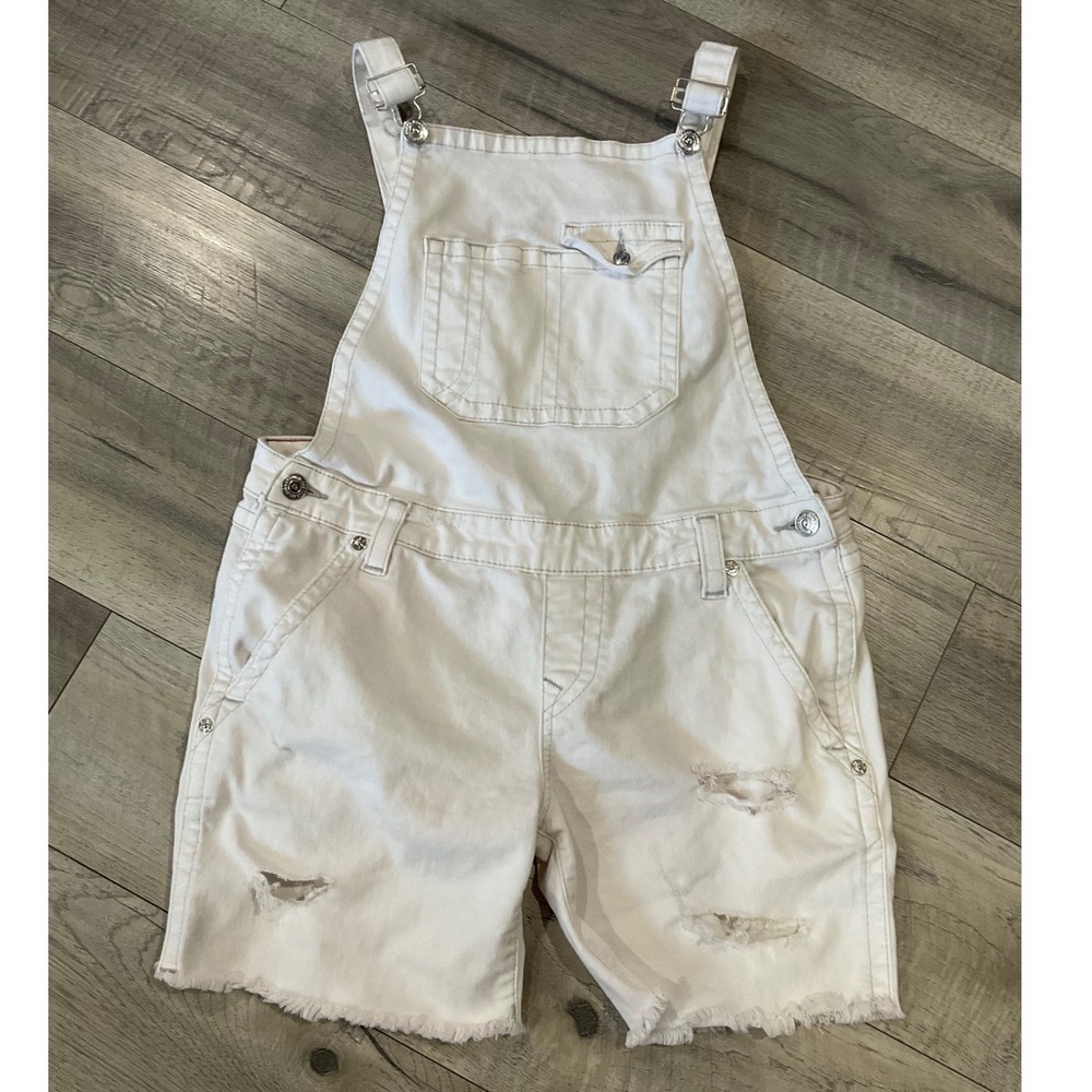 True Religion White Denim Distressed Shortalls Frayed Hem Overalls size medium